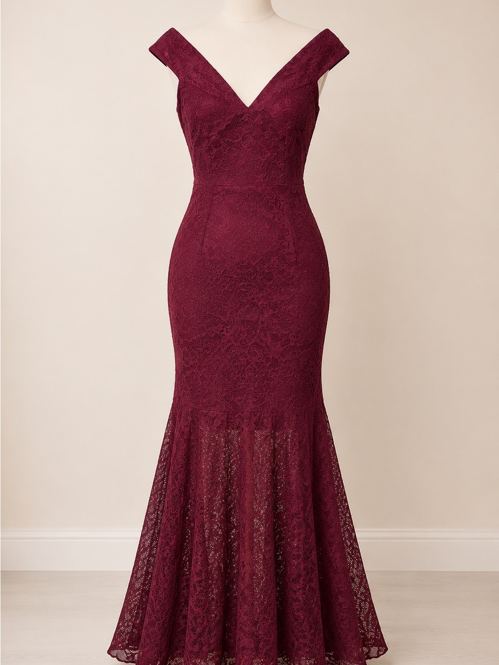 Miusol Burgundy Lace V-Neck Mermaid Gown